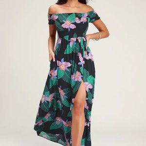 Lulu*s Navy Patsy Blue Floral Print Off-the-shoulder Casual Maxi Dress